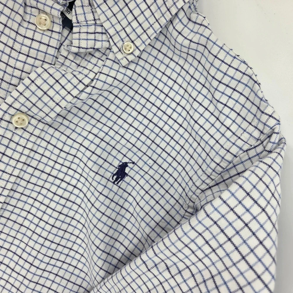 Ralph Lauren Button Down Shirt Boys 10 White Blue Check Preppy Academic Classic‎
